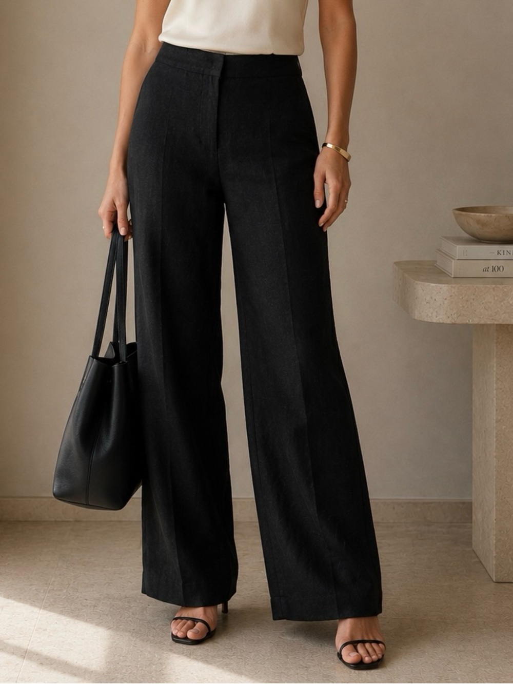 Rafaella 100% Linen Black High-Waist Wide-Leg Trousers